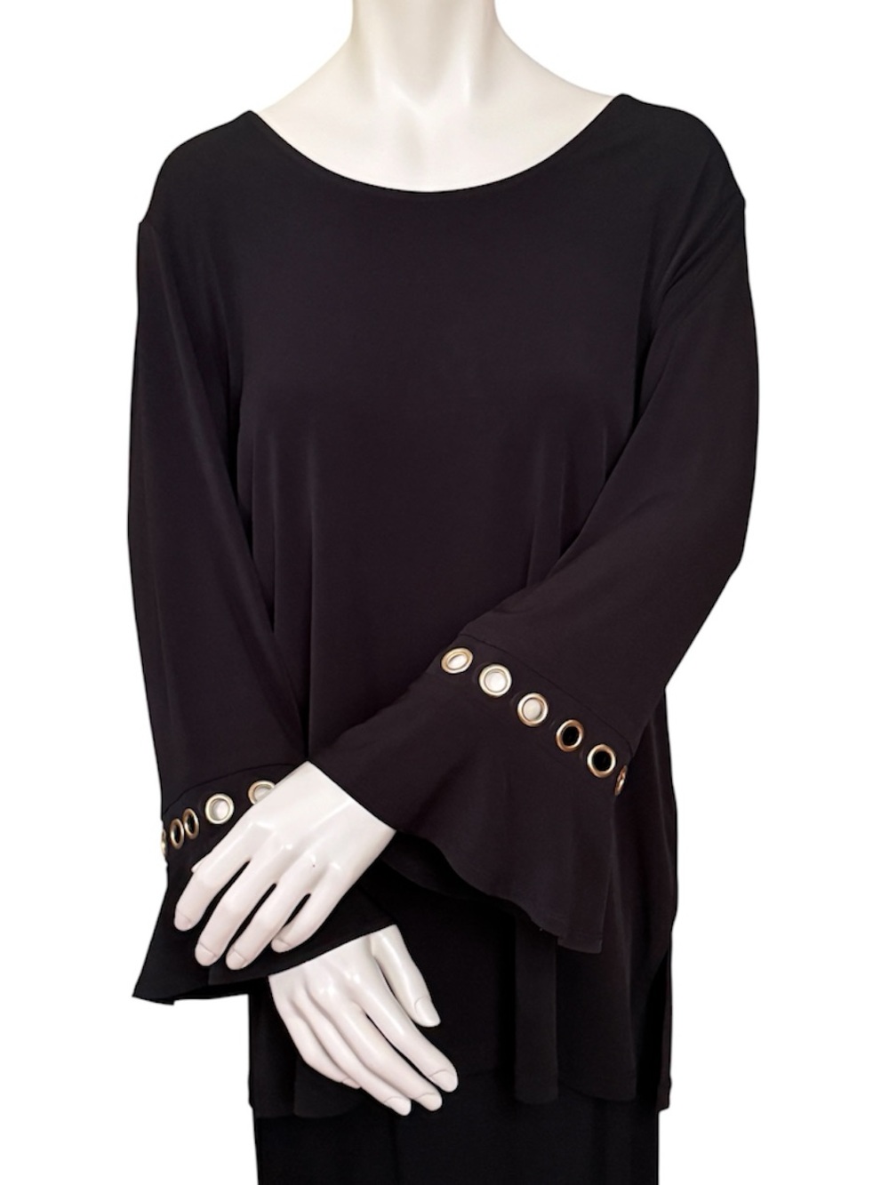 Susan Graver Women's Solid Black Bell Sleeve Top with Gold Grommet Detail ~ L